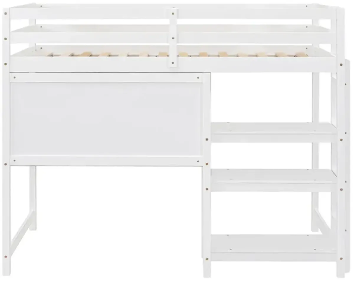 Twin Size Wooden Loft Bed With Shelves, Desk And Writing Board