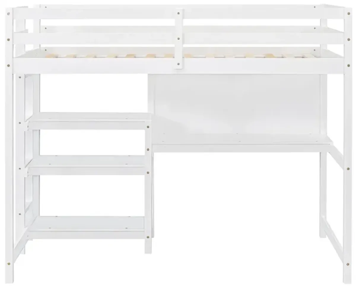 Twin Size Wooden Loft Bed With Shelves, Desk And Writing Board