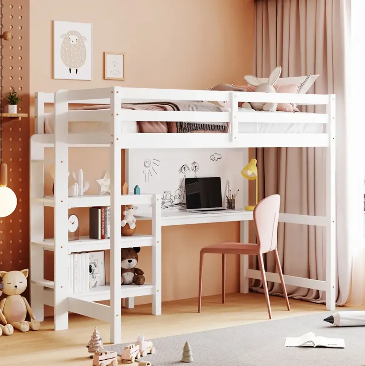 Twin Size Wooden Loft Bed With Shelves, Desk And Writing Board