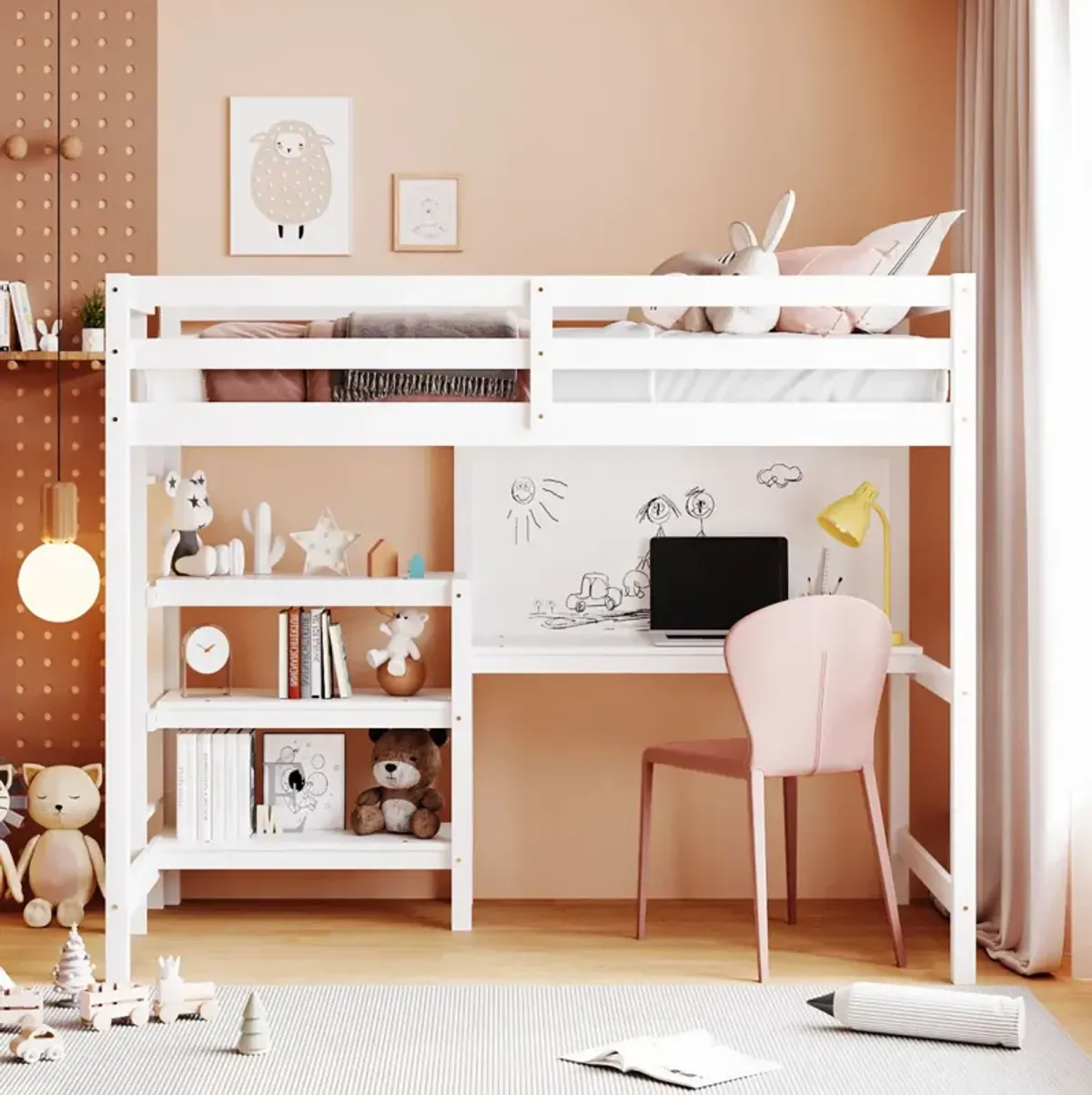 Twin Size Wooden Loft Bed With Shelves, Desk And Writing Board