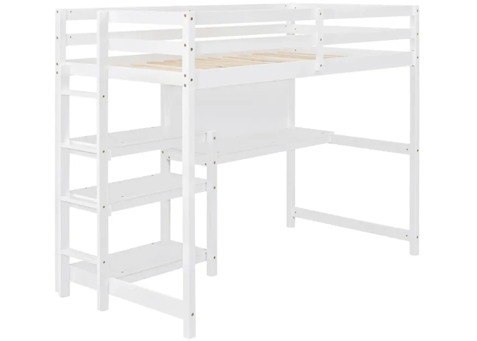 Twin Size Wooden Loft Bed With Shelves, Desk And Writing Board