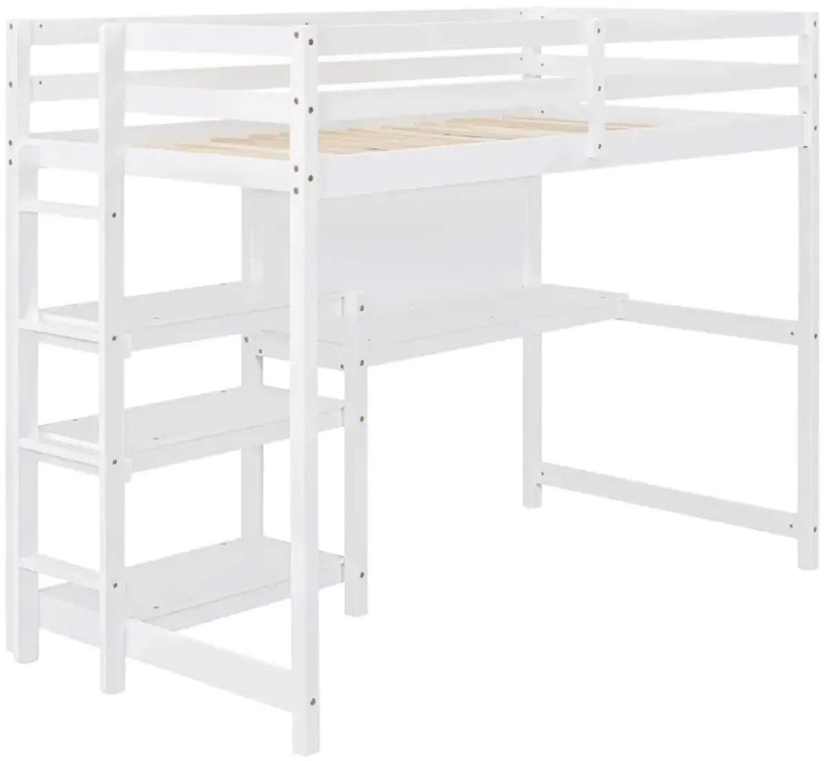 Twin Size Wooden Loft Bed With Shelves, Desk And Writing Board