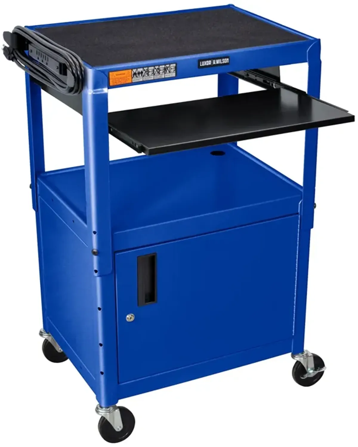 Luxor 42 Inch Mobile Adjustable-Height Multipurpose Steel Utility Storage Audio Video Cart with Locking Cabinet and Pullout Tray - Royal Blue