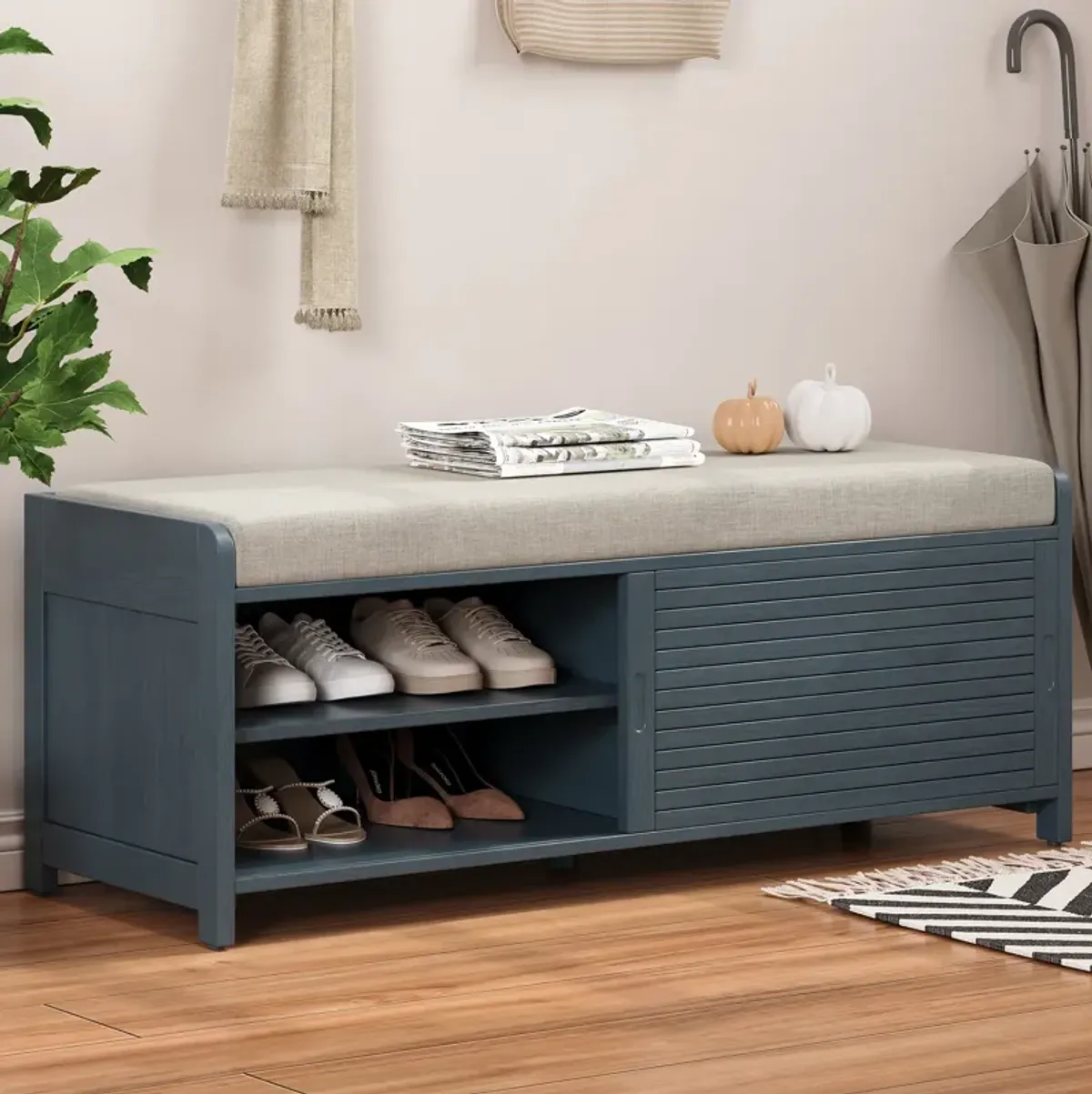 Merax Distressed Shutter Storage Bench with Acacia Veneer