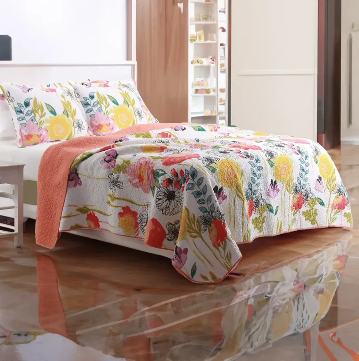 3 Piece Cotton King Size Quilt Set with Stencil Flower Print, Multicolor - Benzara