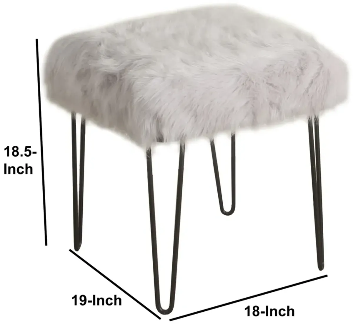 Metal Framed Stool with Faux Fur Upholstered Seat and Hairpin Legs, Gray and Black - Benzara