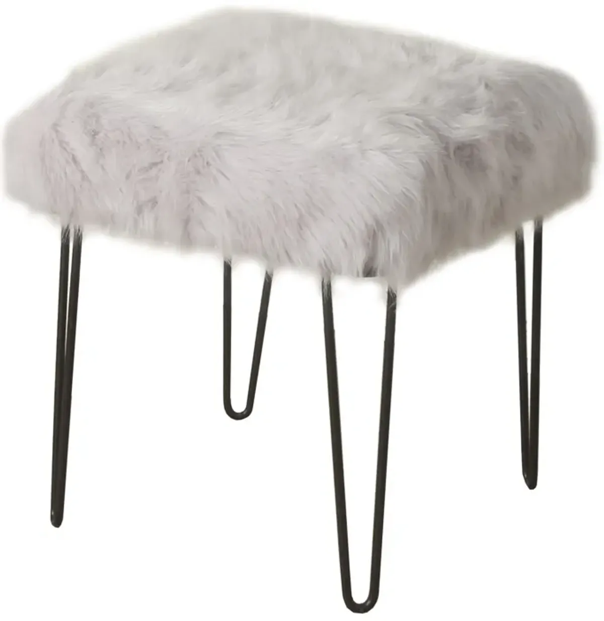 Metal Framed Stool with Faux Fur Upholstered Seat and Hairpin Legs, Gray and Black - Benzara