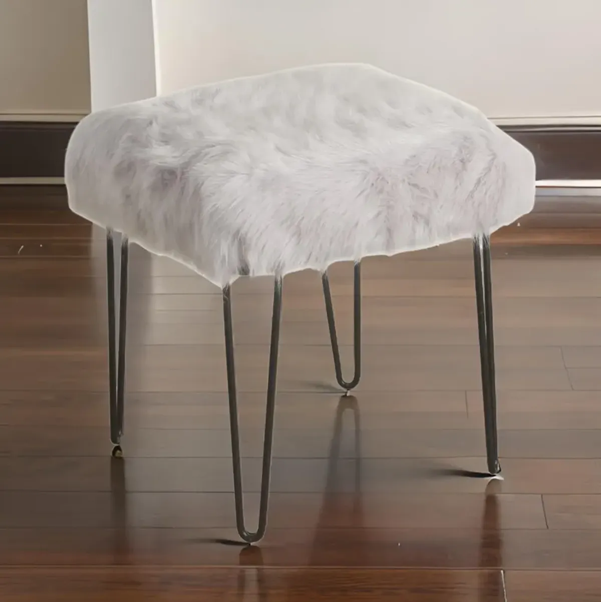 Metal Framed Stool with Faux Fur Upholstered Seat and Hairpin Legs, Gray and Black - Benzara