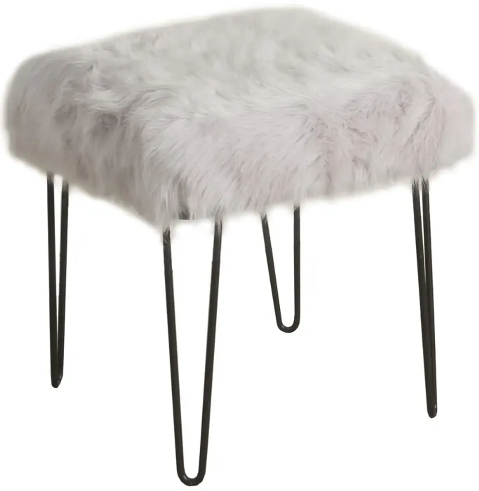 Metal Framed Stool with Faux Fur Upholstered Seat and Hairpin Legs, Gray and Black - Benzara