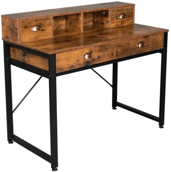 Steel Frame Computer Desk with Old Wood Table Top, 4 Drawers for Home Office or Study