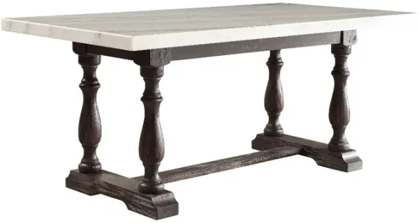Wooden Dining Table with Marble Top , White and Brown - Benzara