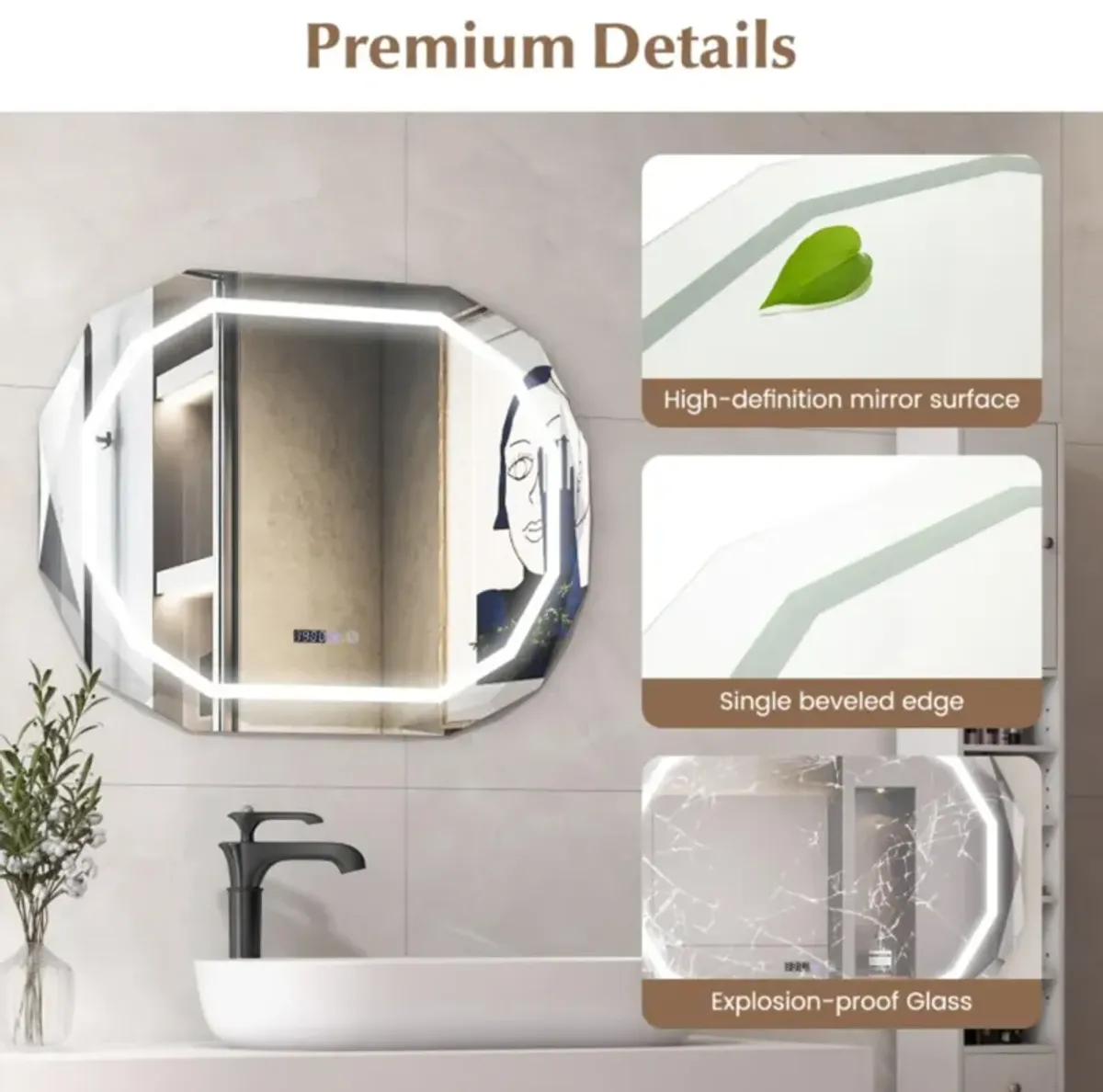 Hivvago Anti-Fog Bathroom Mirror with 3 Color LED Light Memory Function