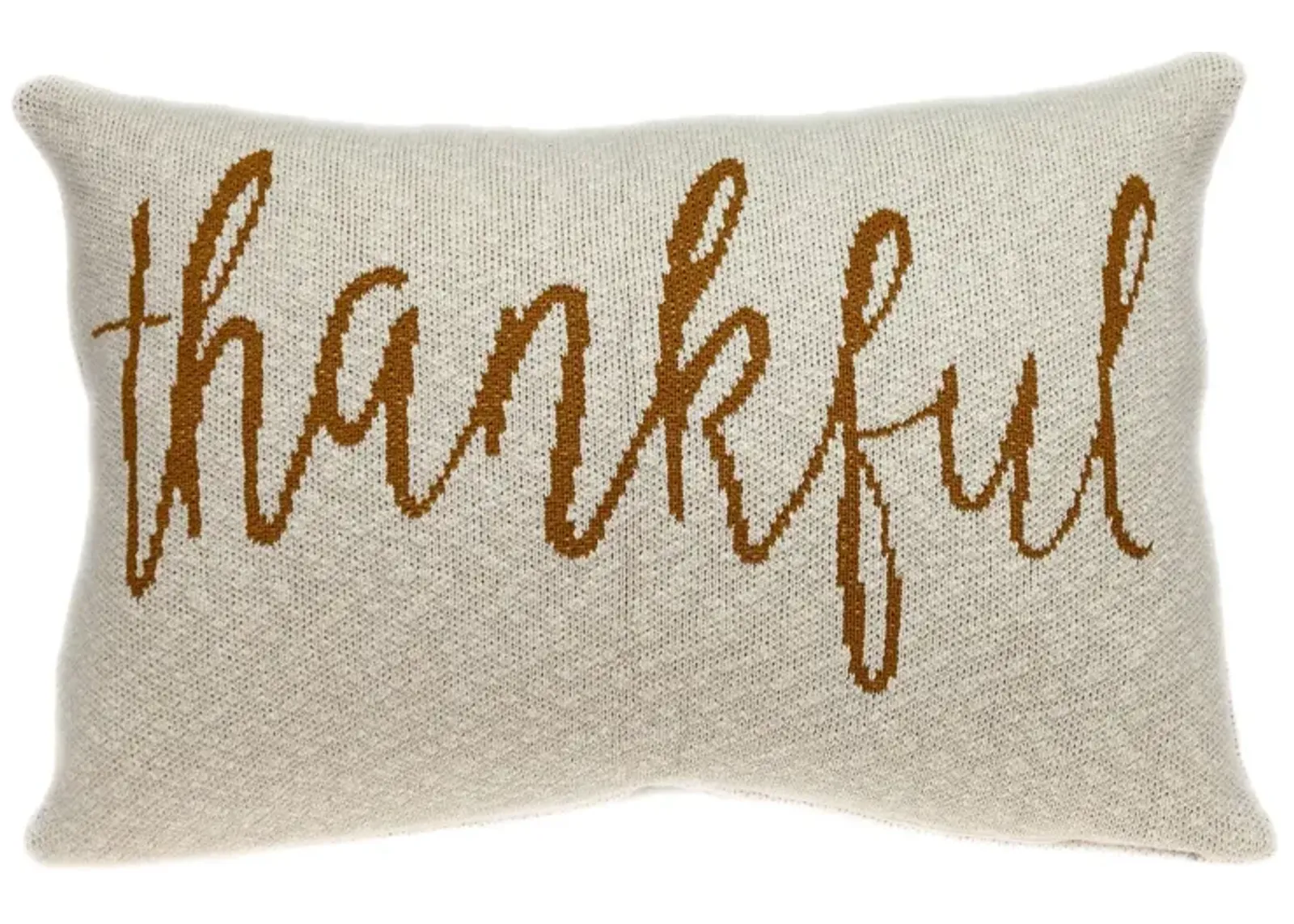 24" Beige and Brown Knitted Thankful Print Rectangular Throw Pillow