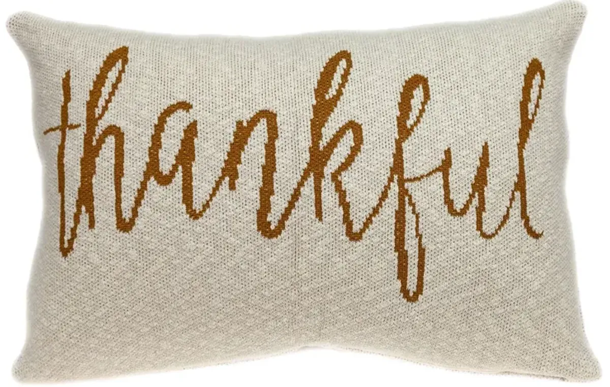 24" Beige and Brown Knitted Thankful Print Rectangular Throw Pillow