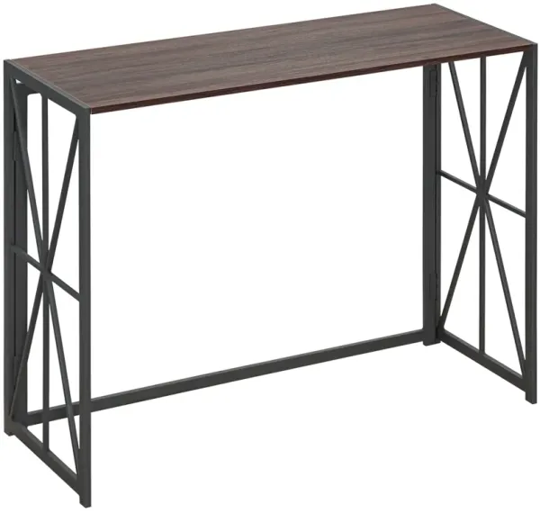 Brown Folding Console Table: Industrial Narrow Farmhouse Sofa Table with Metal Frame