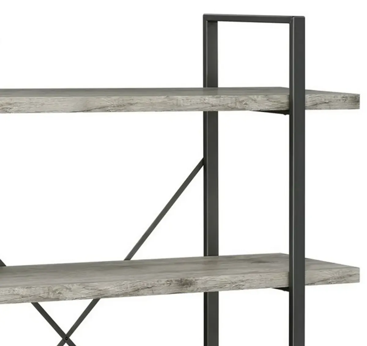 Ana 55 Inch Wood Bookcase, 4 Shelves, Crossed Metal Design, Light Gray-Benzara