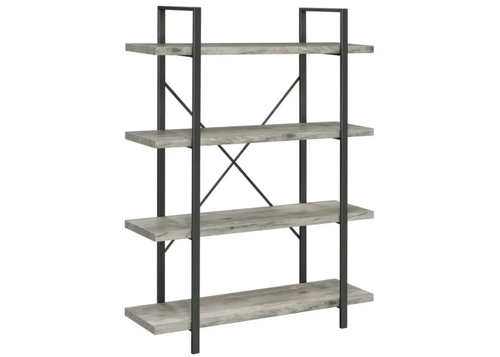 Ana 55 Inch Wood Bookcase, 4 Shelves, Crossed Metal Design, Light Gray-Benzara