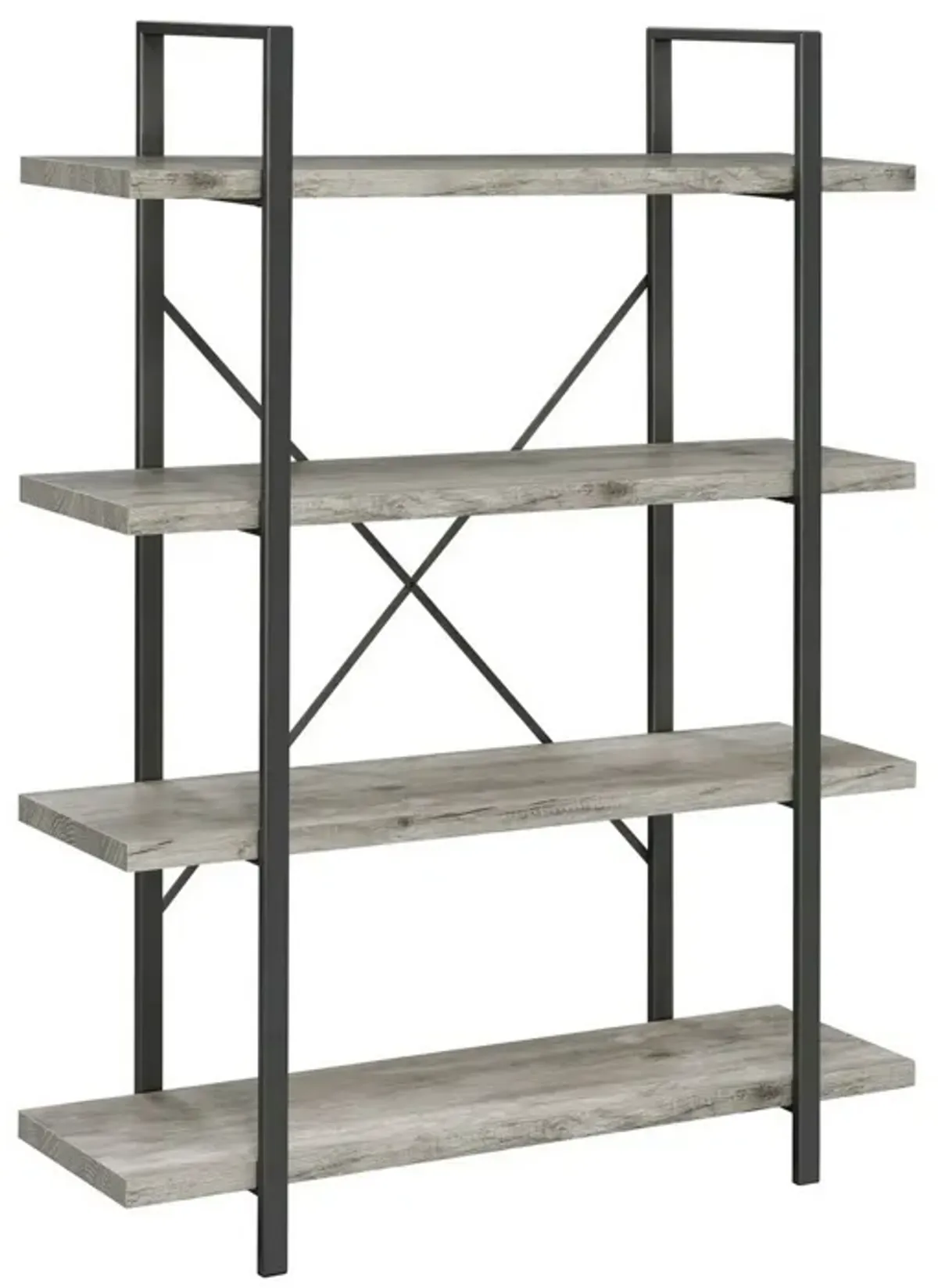 Ana 55 Inch Wood Bookcase, 4 Shelves, Crossed Metal Design, Light Gray-Benzara