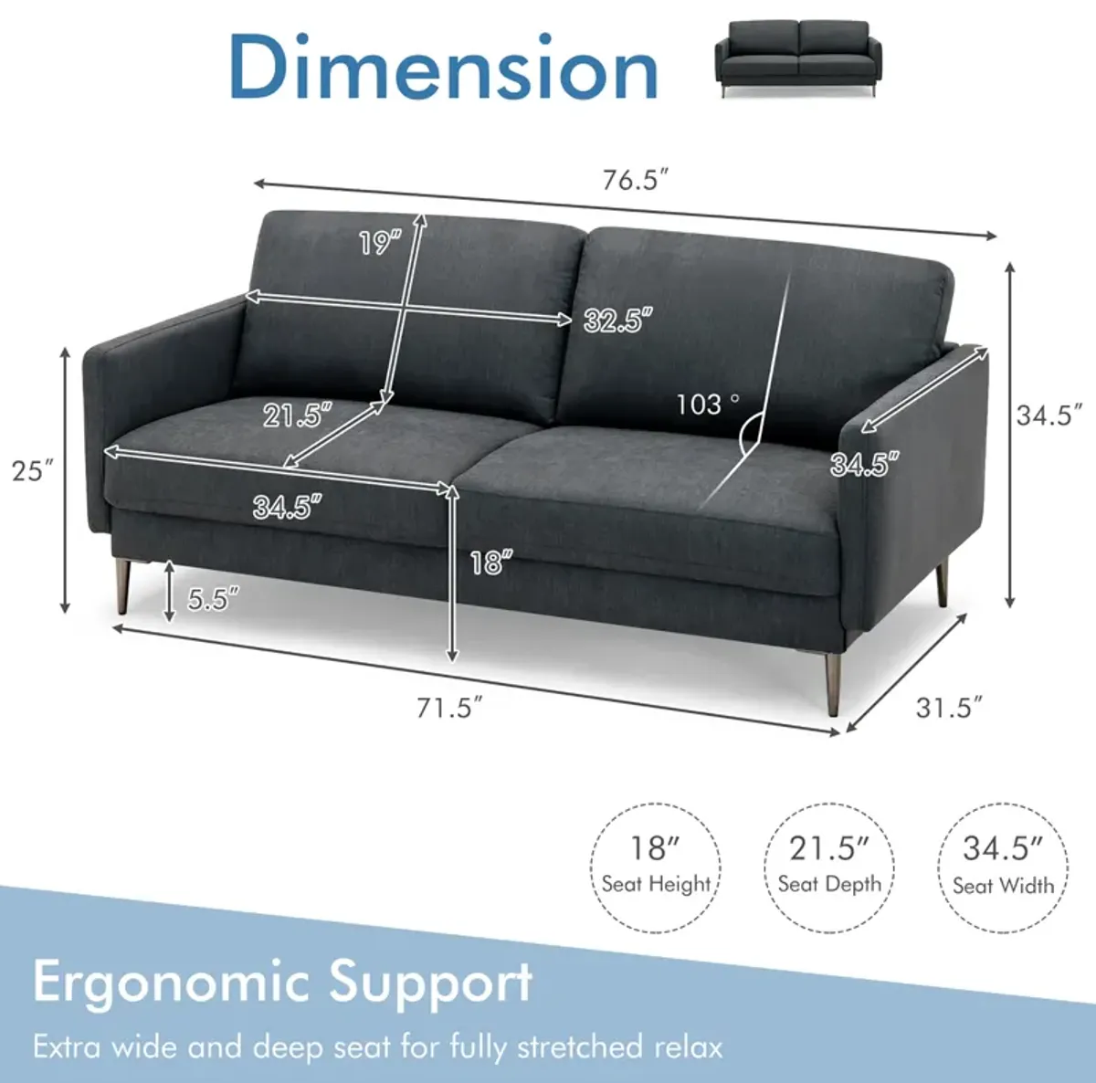 Fabric Sofa Couch Living Room Small Apartment Furniture w/ Metal Leg