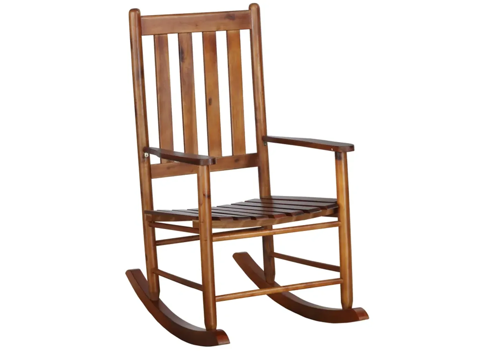 Wooden Rocking Chair with Slat Back and Mission Style, Brown-Benzara