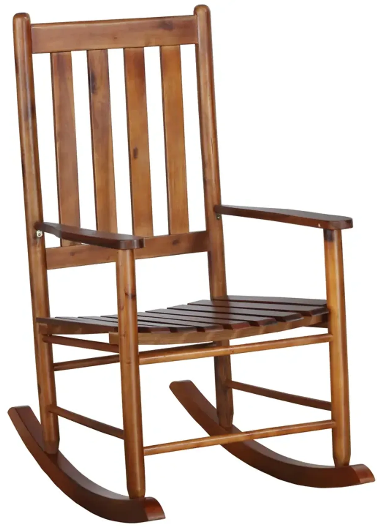 Wooden Rocking Chair with Slat Back and Mission Style, Brown-Benzara