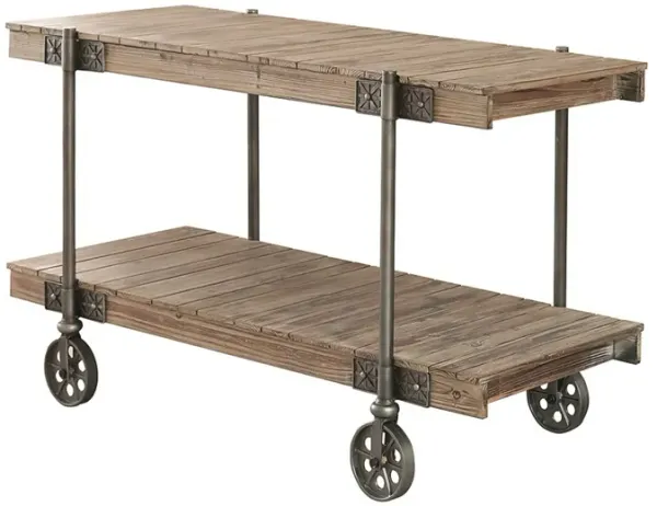 Loak 47 Inch Sofa Table, Plank Design, 1 Shelf, Wheels, Brown, Black