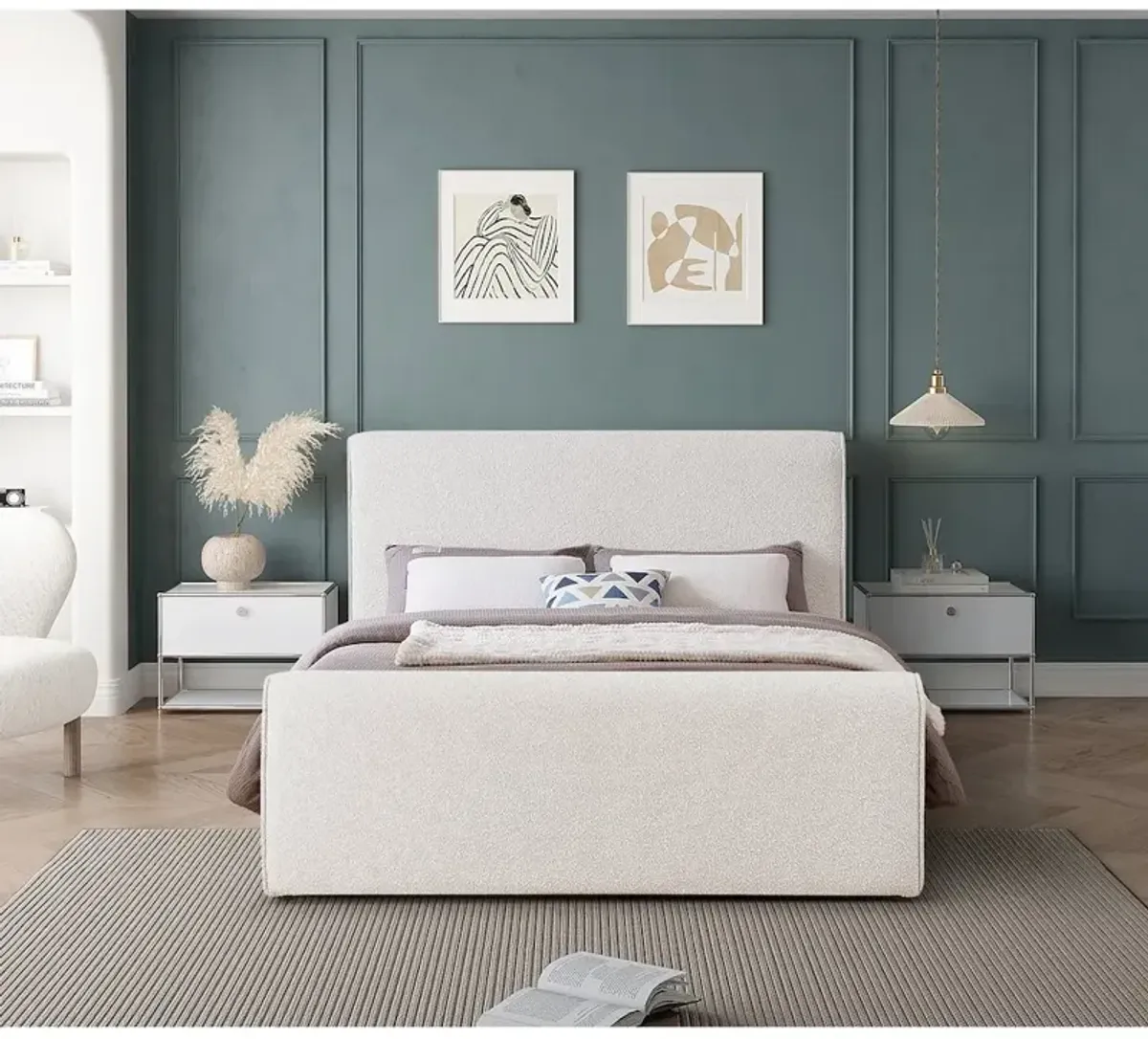 Meridian Furniture Stylus Cream Boucle Fabric Queen Bed
