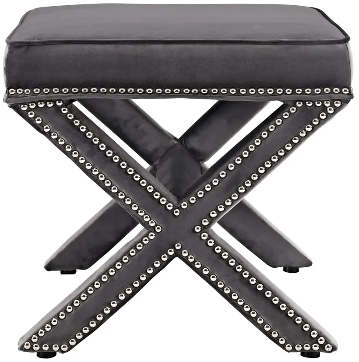 Modway Rivet Upholstered Velvet X-Base Ottoman With Nailhead Trim In Gray