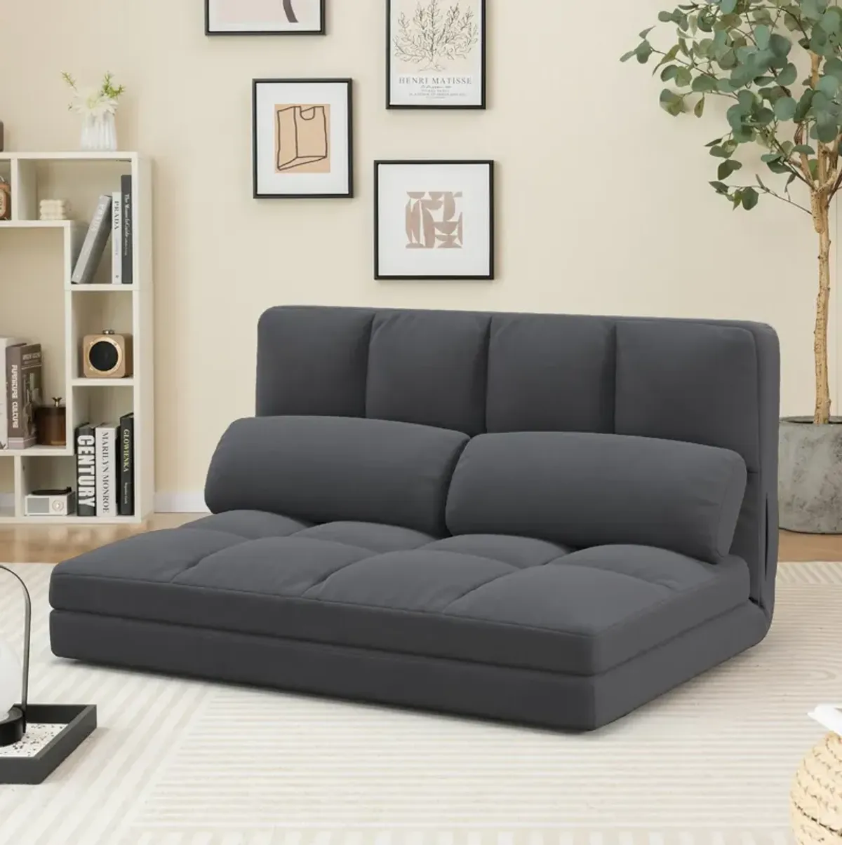 Floor Sofa Bed with 6 Positions Adjustable Backrest  Skin-friendly Velvet Cover-Dark Gray