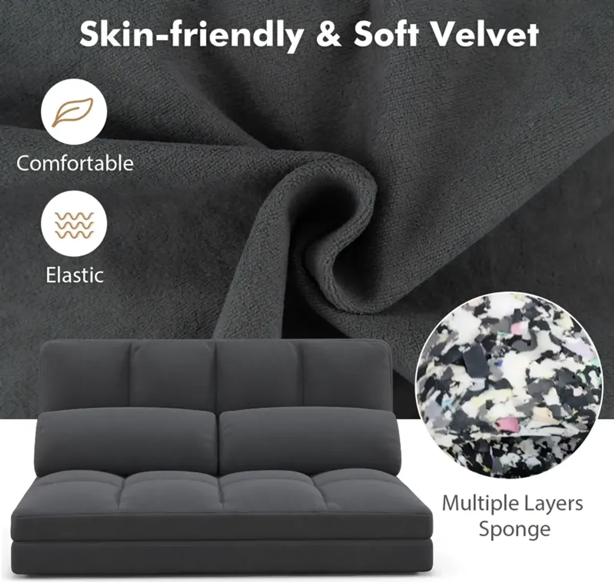 Floor Sofa Bed with 6 Positions Adjustable Backrest  Skin-friendly Velvet Cover-Dark Gray