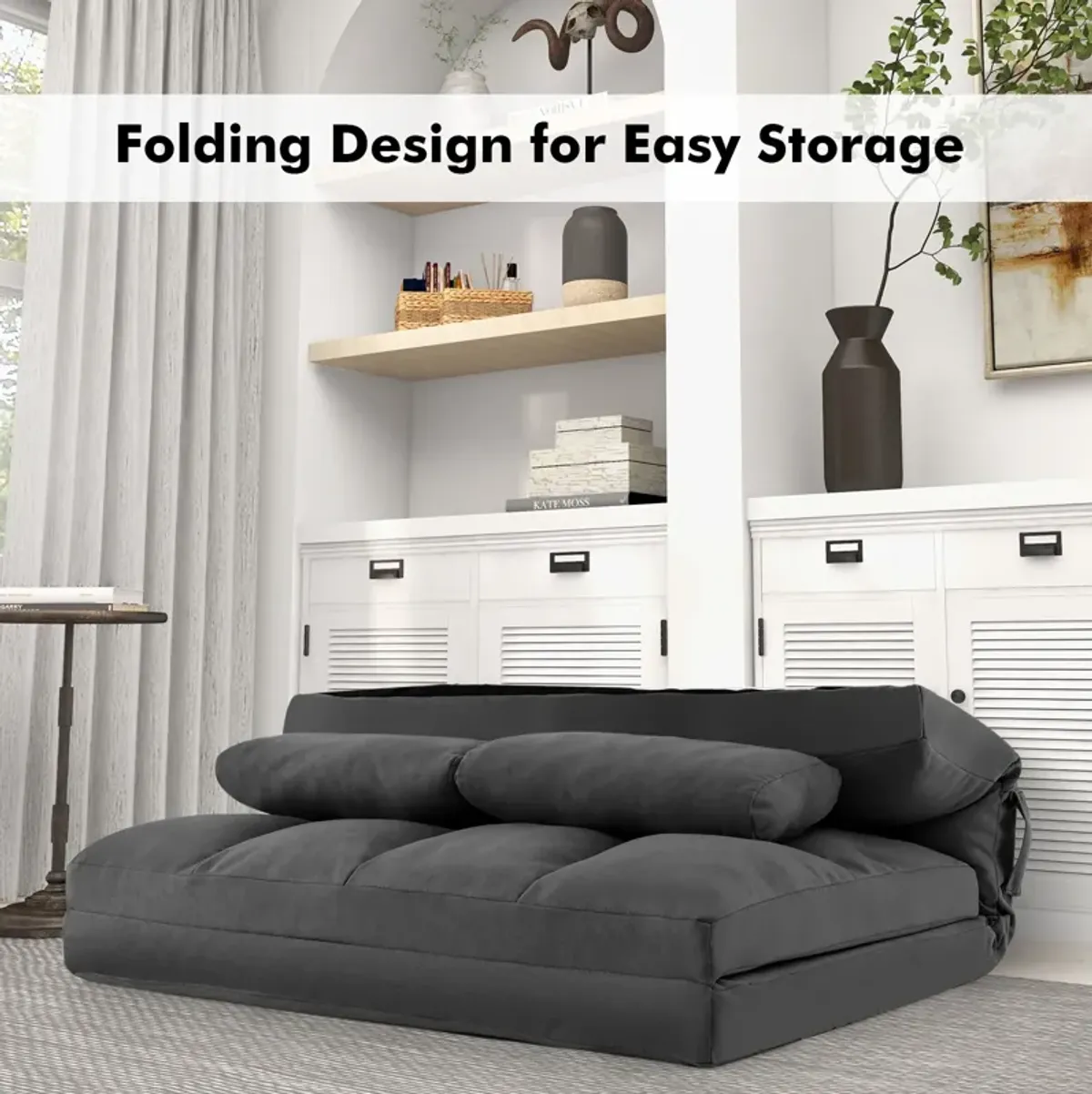 Floor Sofa Bed with 6 Positions Adjustable Backrest  Skin-friendly Velvet Cover-Dark Gray