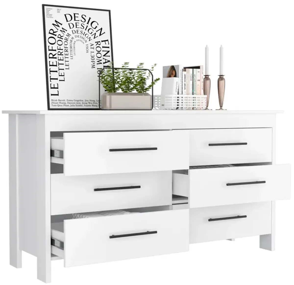 Hms 6 Drawer Double Dresser, Four Legs, Superior Top -White