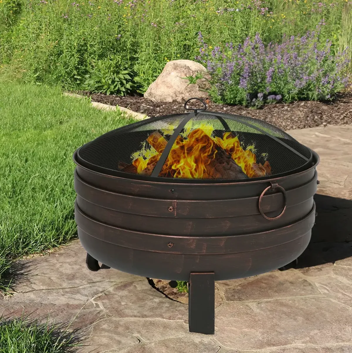 Sunnydaze 24 in Cauldron Fire Pit with Spark Screen and Cover - Bronze