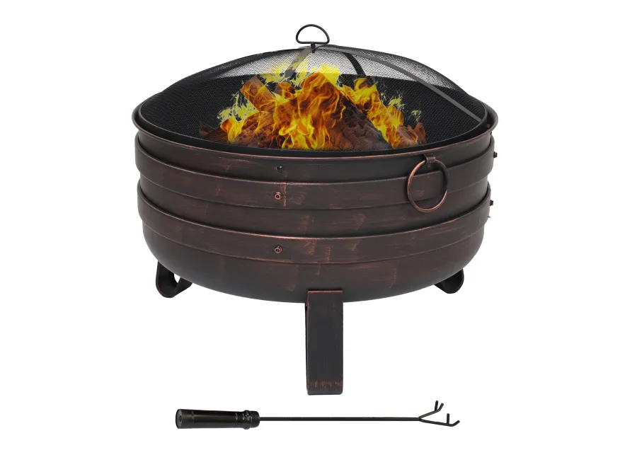 Sunnydaze 24 in Steel Cauldron Fire Pit with Spark Screen and Cover - Bronze