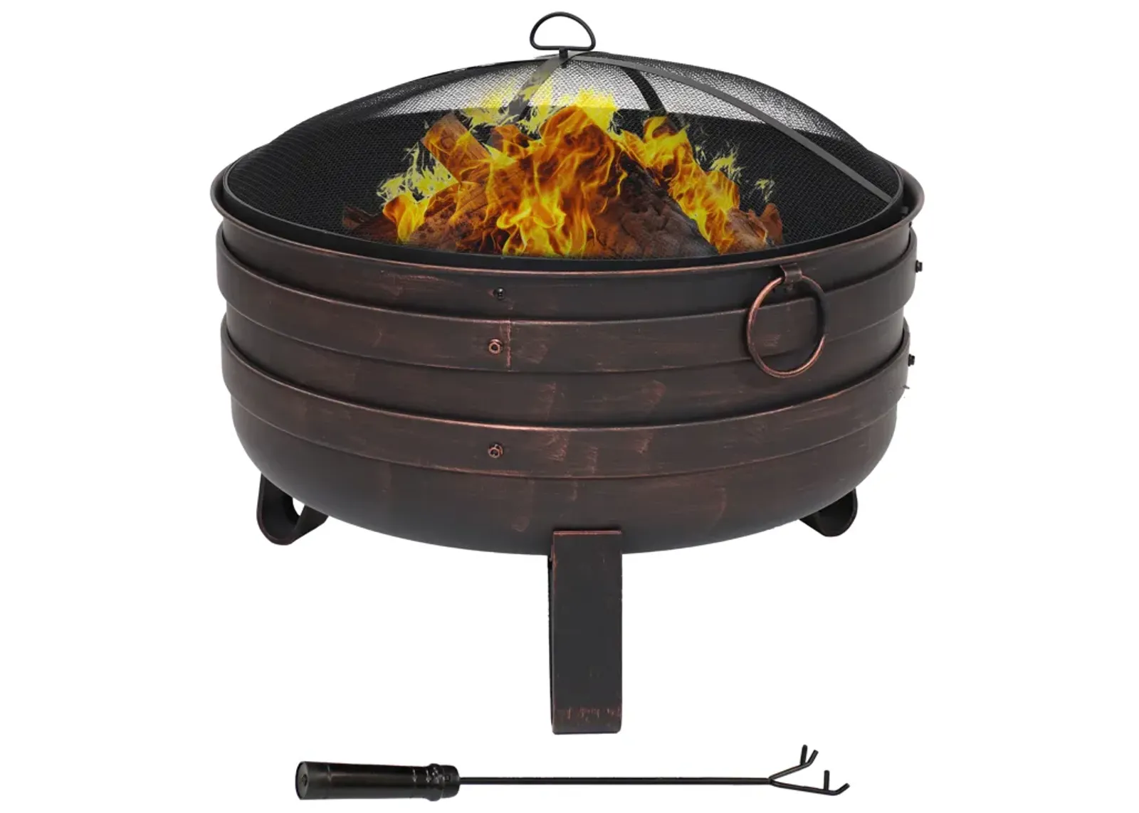 Sunnydaze 24 in Cauldron Fire Pit with Spark Screen and Cover - Bronze