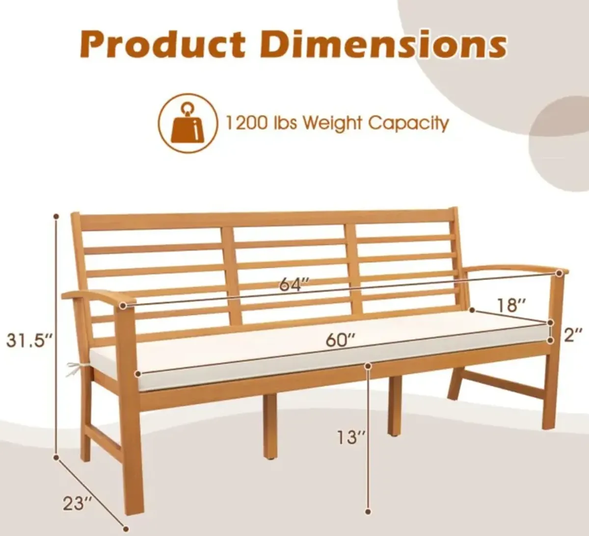 Hivvago Patio 64 Inch Wood Bench with Seat Cushion and Slatted Seat for Backyard-Off White