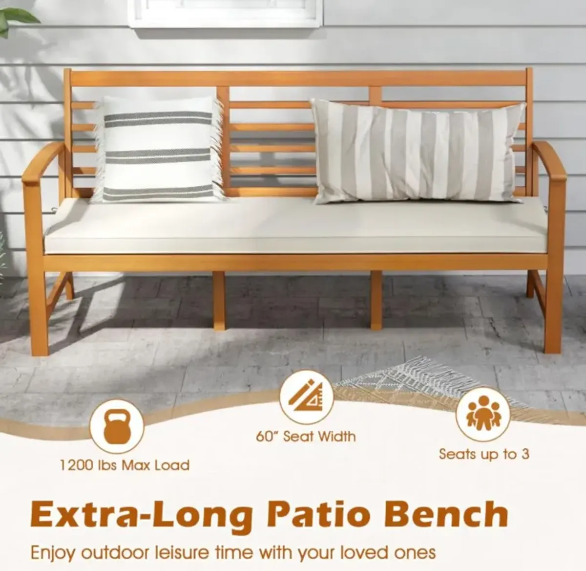 Hivvago Patio 64 Inch Wood Bench with Seat Cushion and Slatted Seat for Backyard-Off White