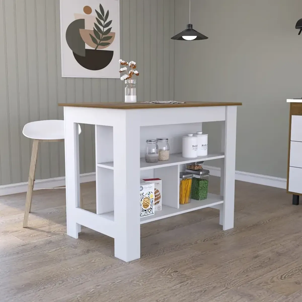 Cala Kitchen Island, Four Legs, Three Shelves - White Walnut