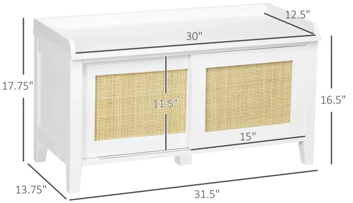 White Entryway Organizer: Shoe Bench with Rattan Sliding Doors