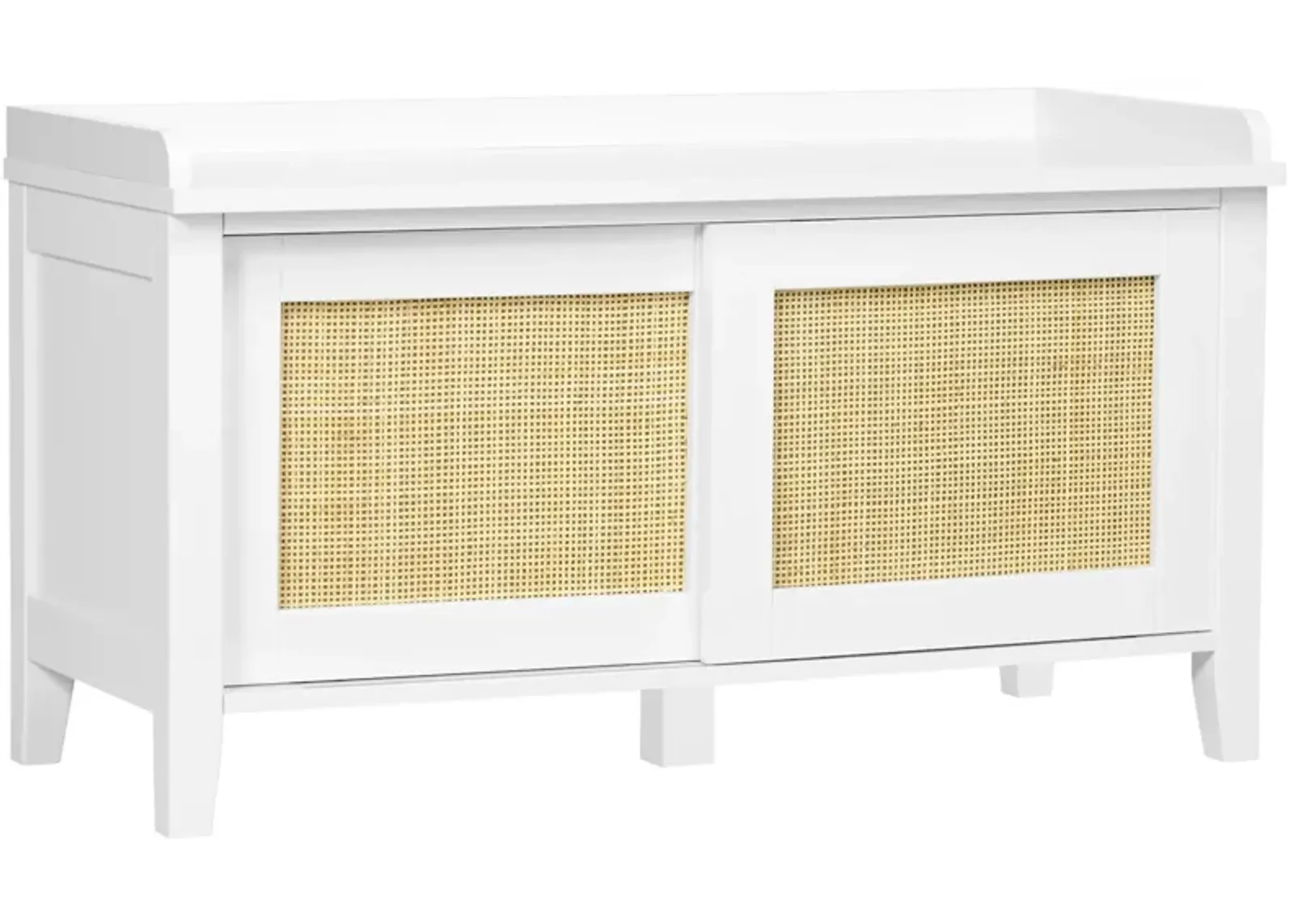 White Entryway Organizer: Shoe Bench with Rattan Sliding Doors