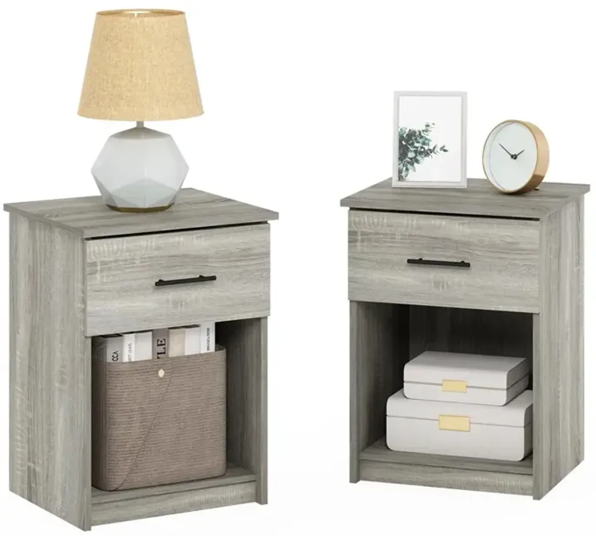 Furinno Tidur Nightstand with Handle with One Drawer, Set of 2, French Oak Grey