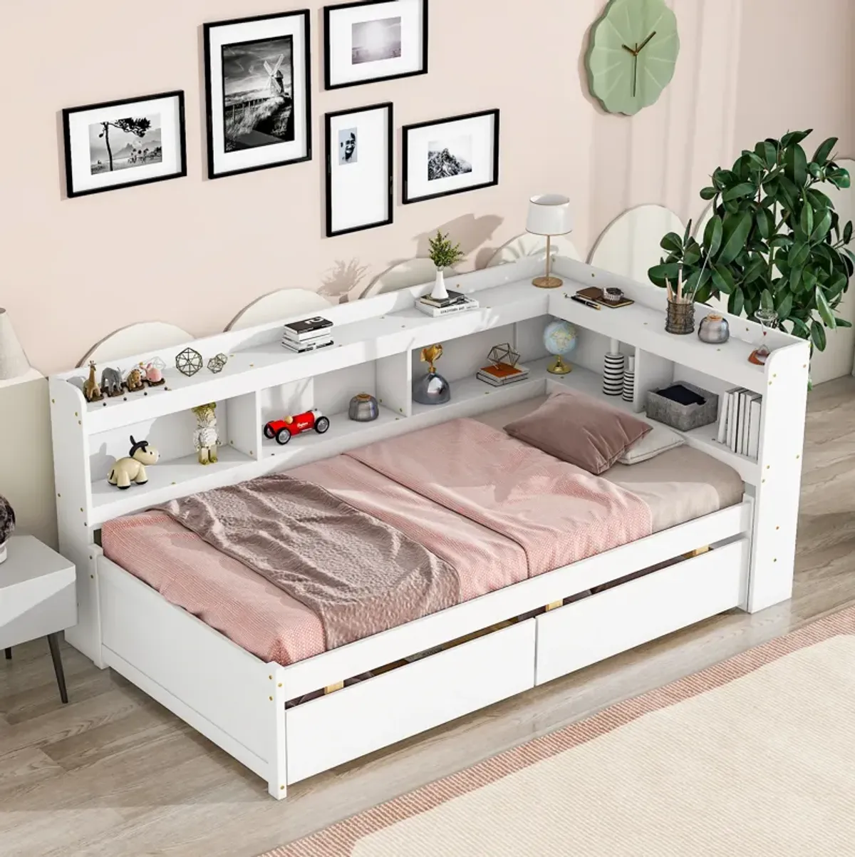 Bed with L-shaped Bookcases, Drawers