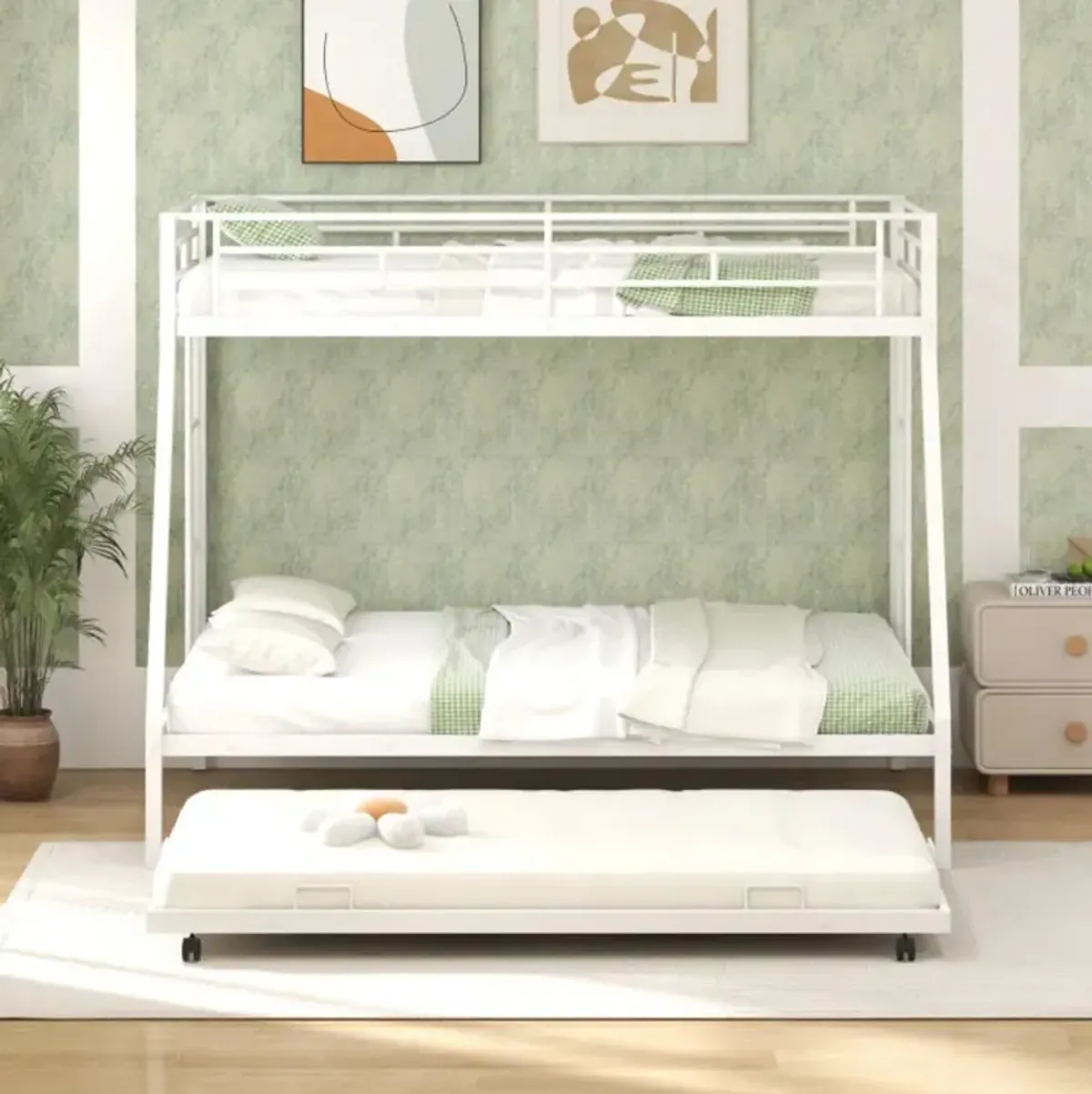 Hivvago Twin Over Full Bunk Bed Frame with Trundle for Guest Room