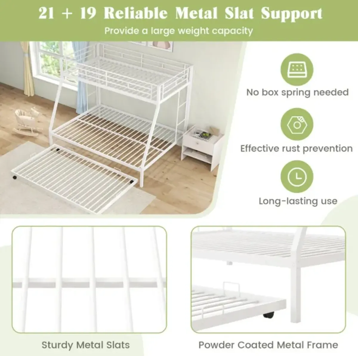 Hivvago Twin Over Full Bunk Bed Frame with Trundle for Guest Room