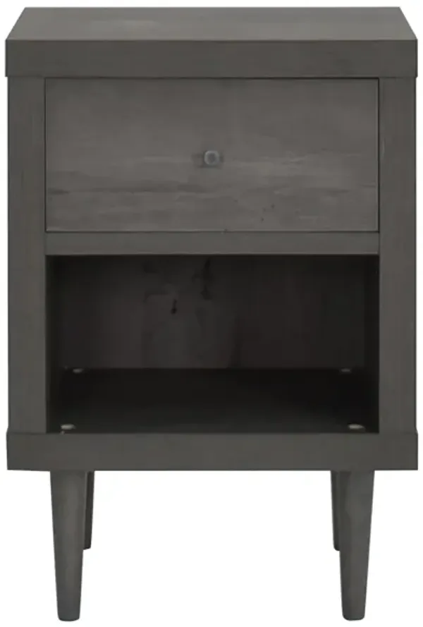 Minie Nightstand with 1 Drawer, Shelf, Rubberwood Legs, Modern Gray - Benzara