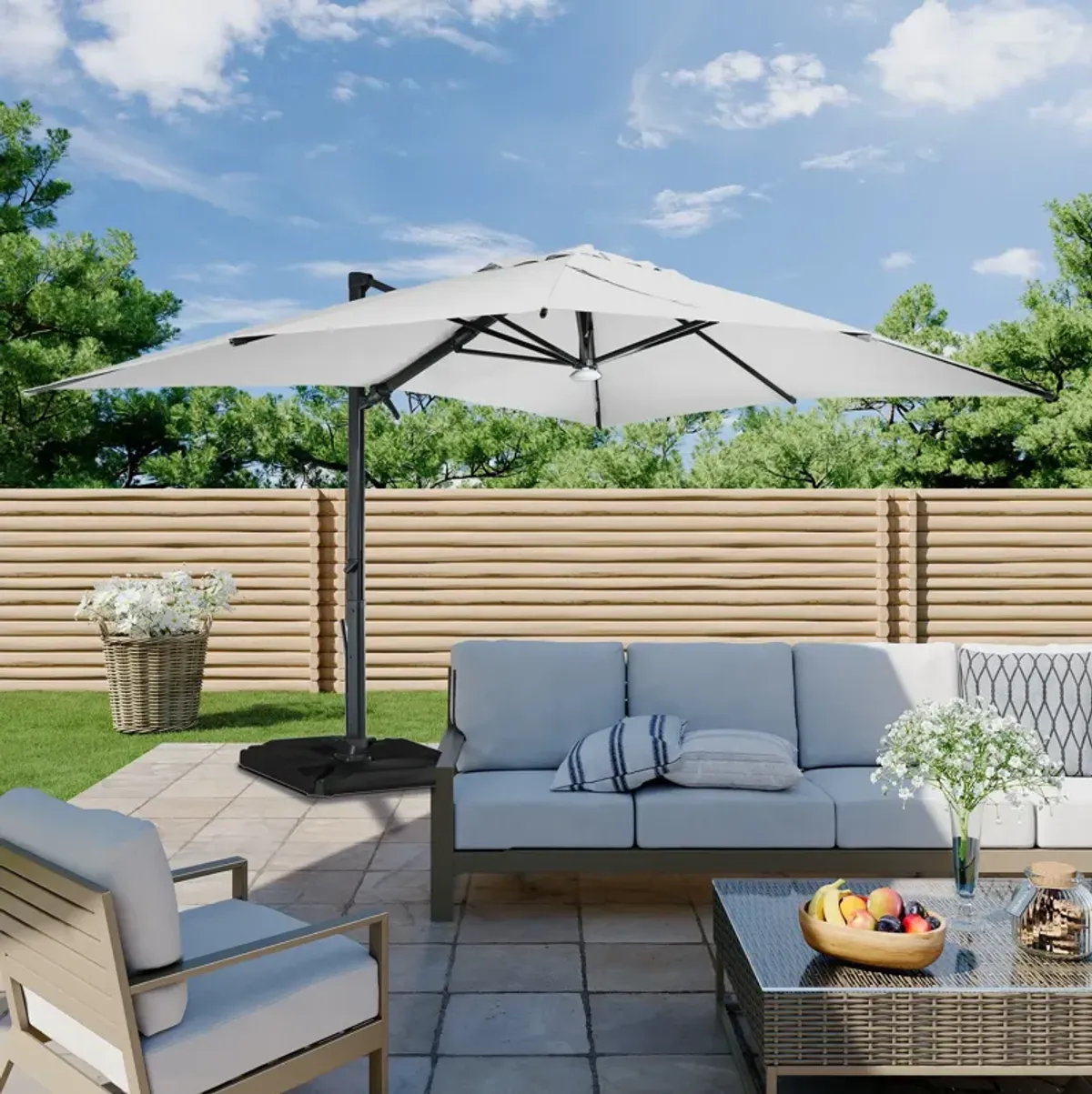 10 x 10 ft. 360° Rotation Square Patio Cantilever Umbrella with Base in Gray
