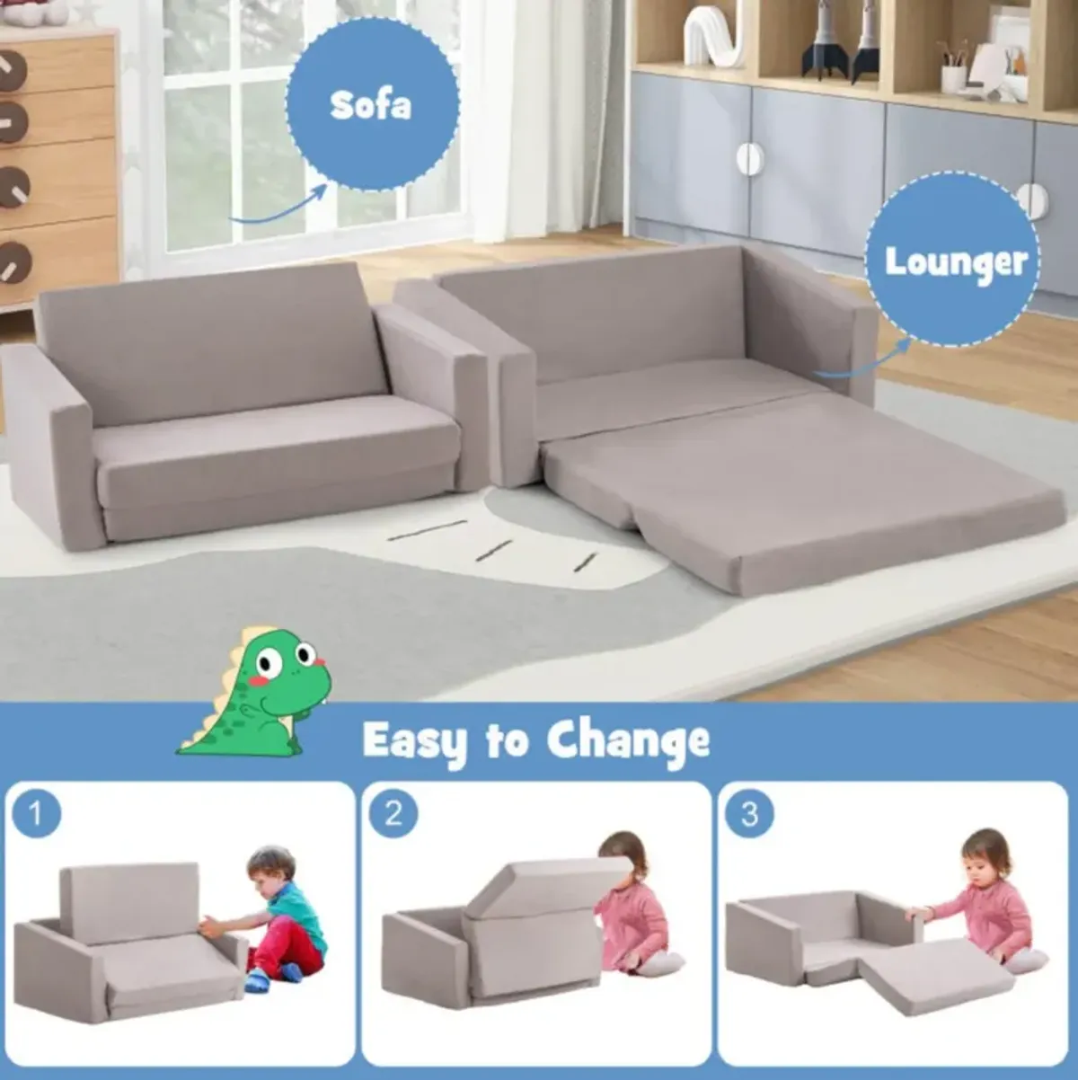 Hivvago 2-in-1 Children�s Convertible Sofa to Lounger