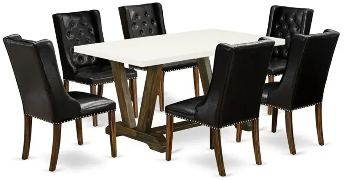 East West Furniture V726FO749-7 7-Piece Kitchen Table Set - 6 Black Pu Leather Parson Chairs Button Tufted with Nail heads and Rectangular Table - Distressed Jacobean Finish