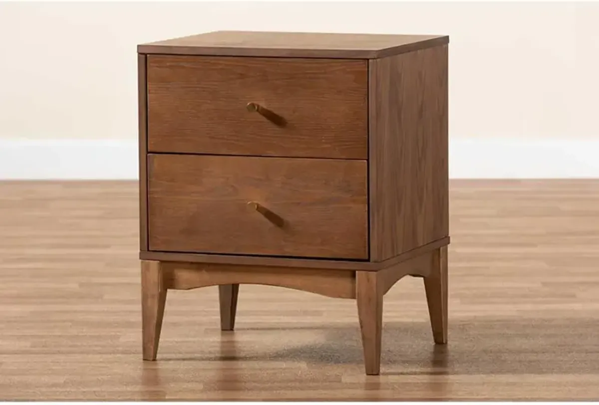 Landis Mid-Century Modern Ash Walnut Finished Wood 2-Drawer Nightstand