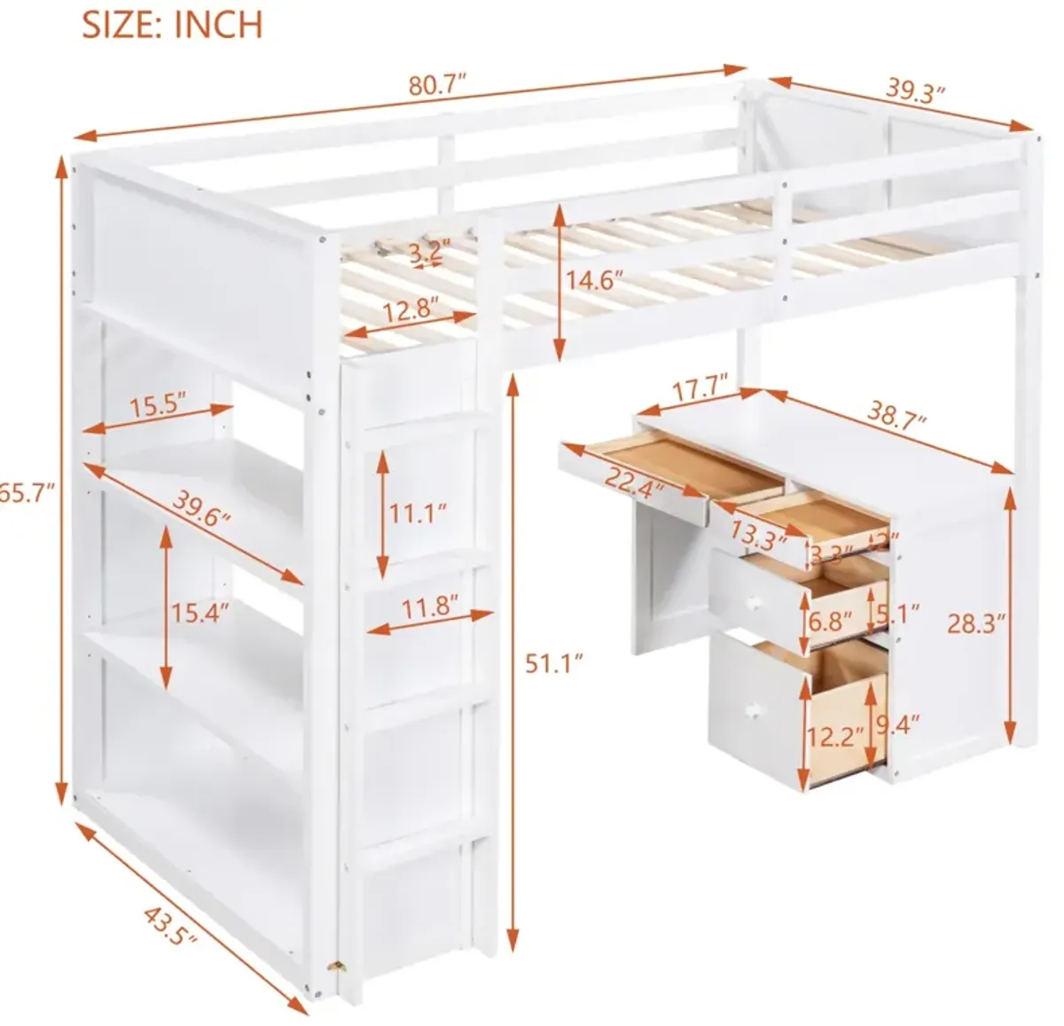 Twin Size Loft Bed With Ladder, Shelves, And Desk